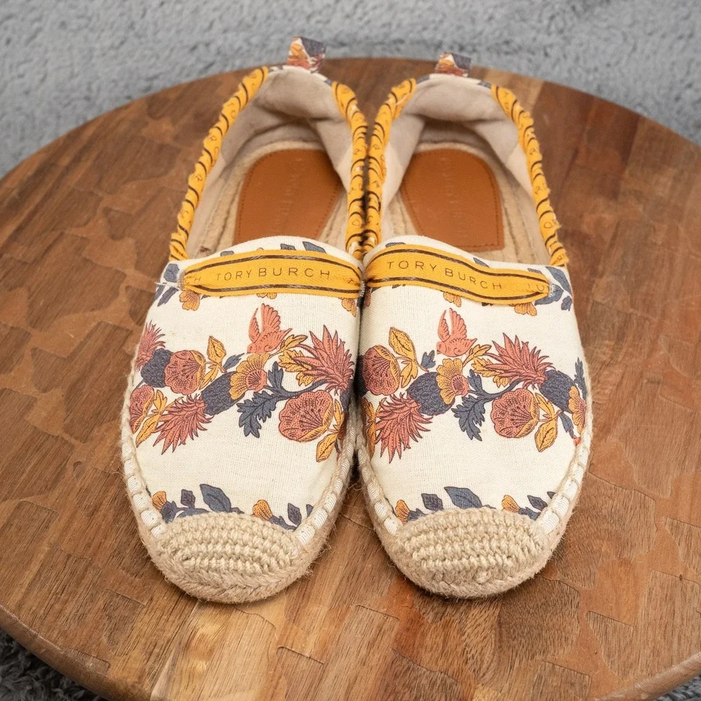Tory Burch Grosgrain Whipstich Floral Espadrille Size 7 Summer Boho